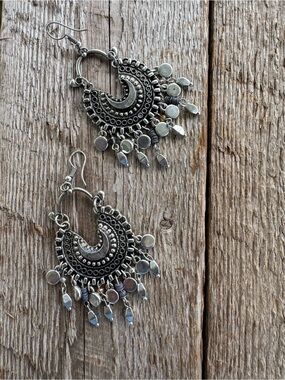 Boho Silver Dangle Crescent Earrings - Unbranded